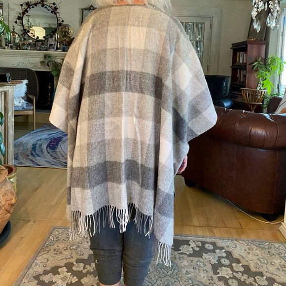 Wool Blend Part Two Grey Plaid Women's Fringe Poncho - Picture 3 of 5